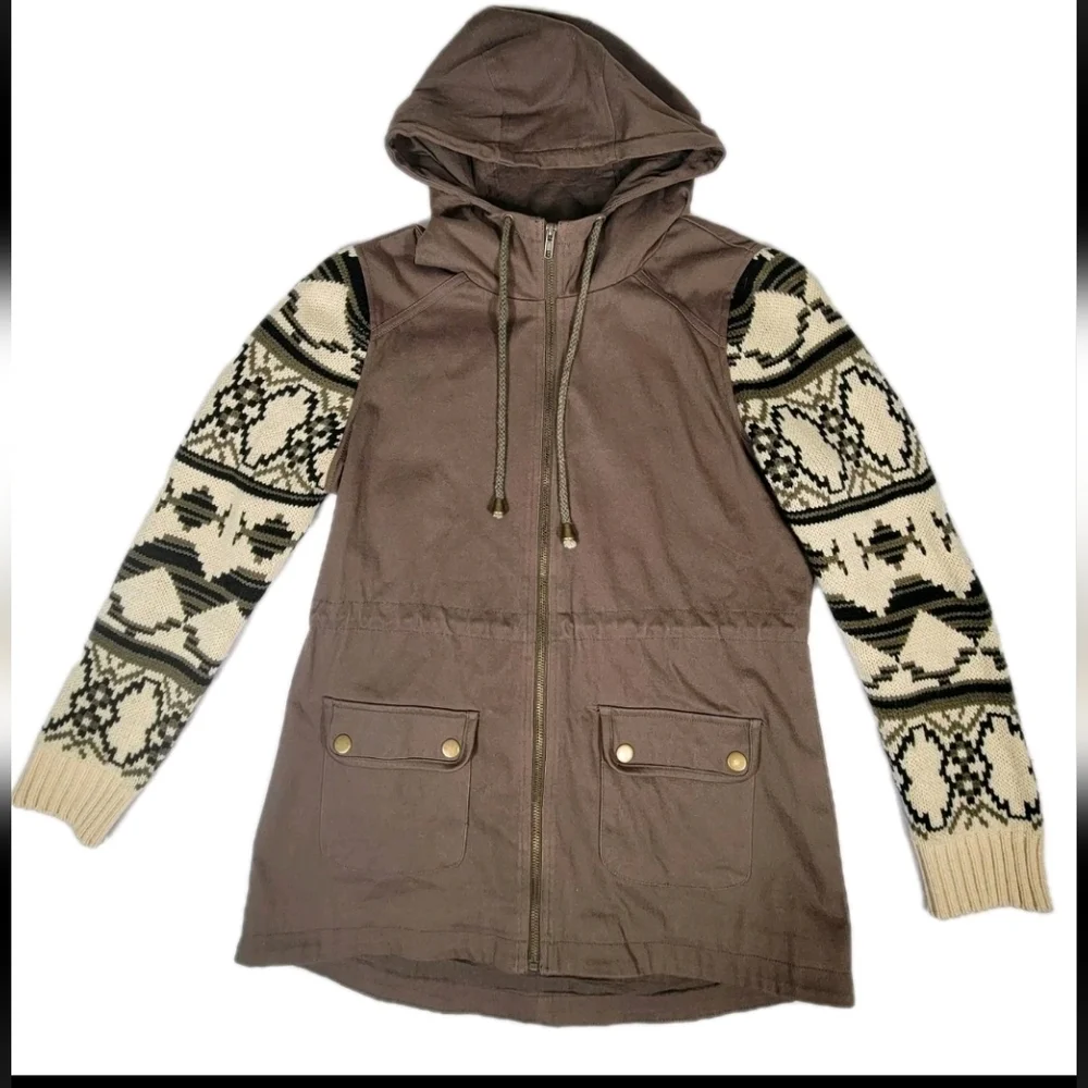 Skies Are Blue Women’s Utility Sweater Jacket Medium Brown Hooded Zip-Up Pockets